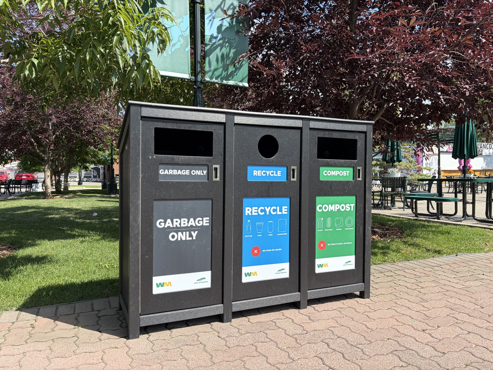 Garbage, recycling, and compost collection station at Spruce Meadows